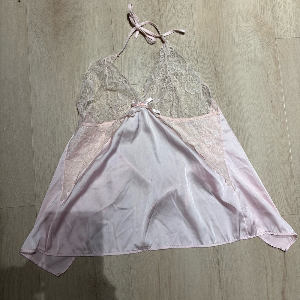 Pink lace babydoll top with bow detail open back tie  Size L #coquette